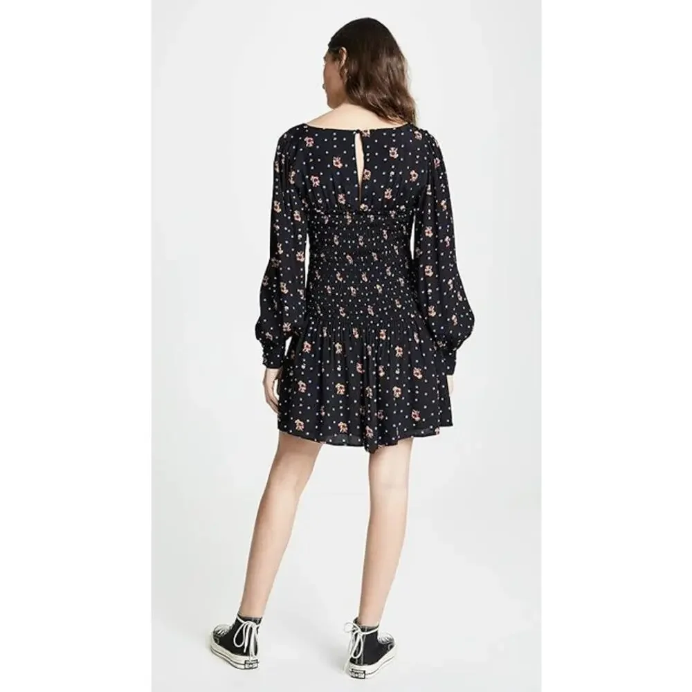 Free People Two Faces Mini Dress Black Floral Smocked‎ Long Sleeve Size S